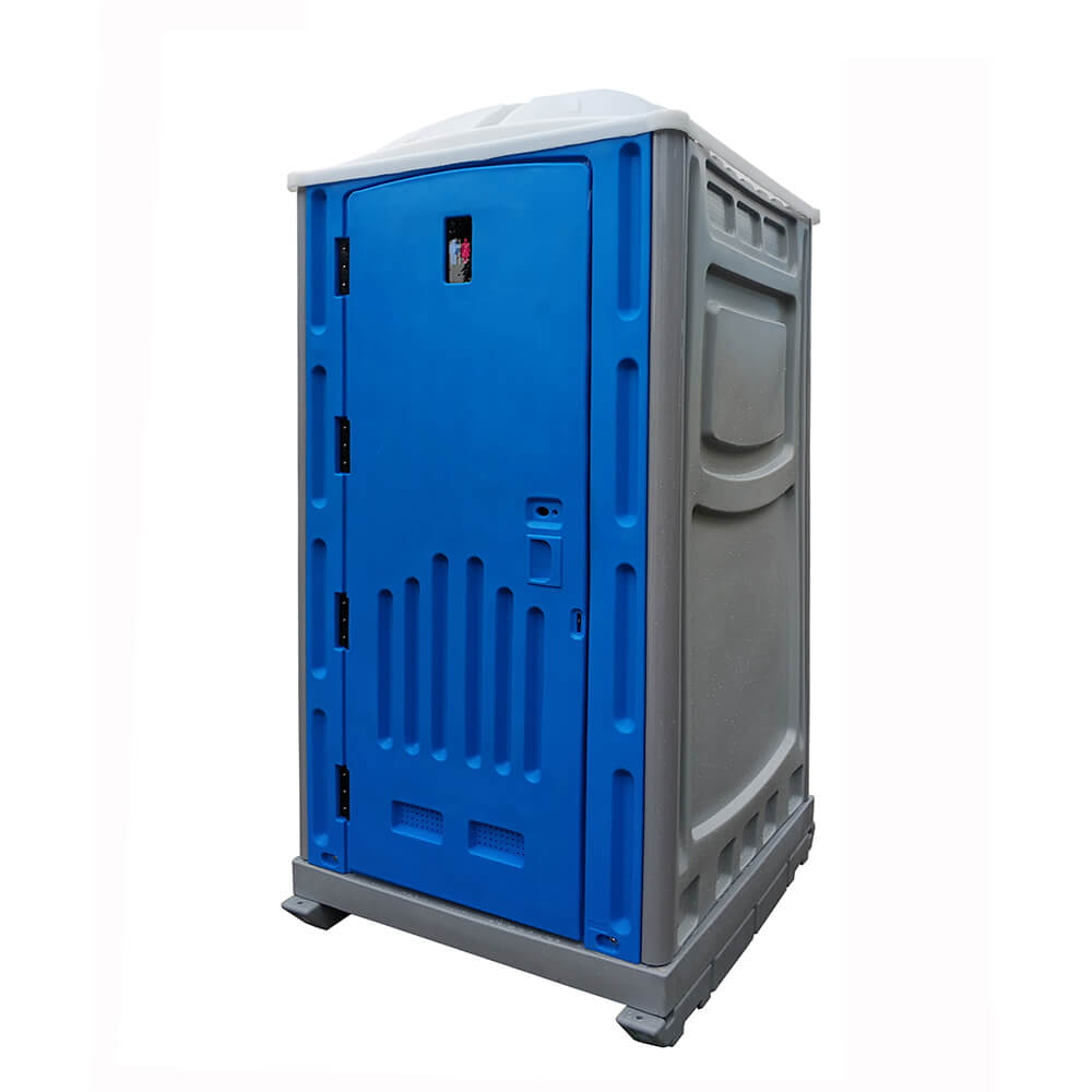 blue and grey plastic portable toilet