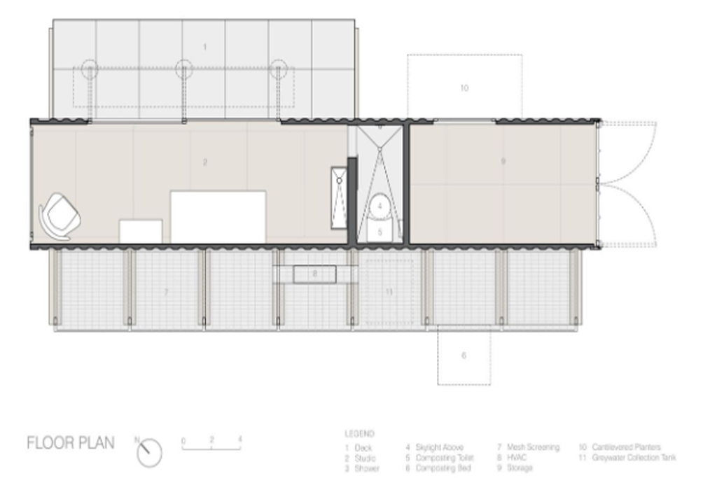 Poteet Architects container guest house floor plan