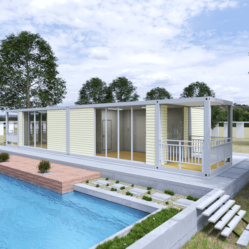 A container home philippines in front of a pool