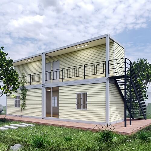 The front shot of a 2 Story modular homes in the open air