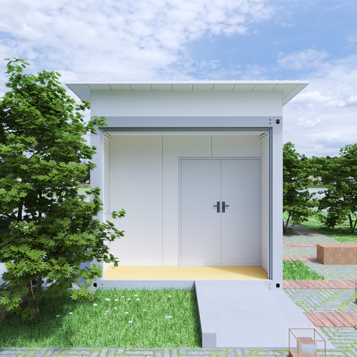 The front view of a portable granny house in white